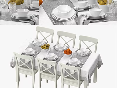 White Cross Back Table and Chairs Set with Tablecloth Fruits and Tableware 3d model