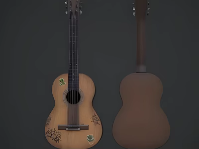 Acoustic Guitar Featuring Hand Painted Artwork and Decorative Design Details 3d model