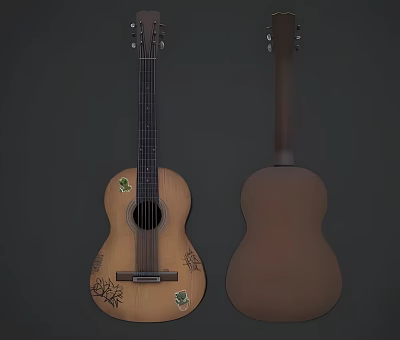 Acoustic Guitar Featuring Hand Painted Artwork and Decorative Design Details 3d model