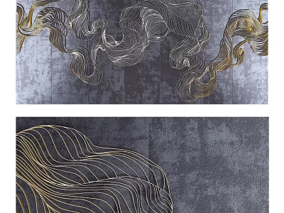 Modern Background Wall with Golden Wavy Lines and Gray Textured Surface 3d model