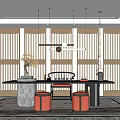 New Chinese Tea Room Interior Design With Wooden Lattice Tea Table And Pendant Lights