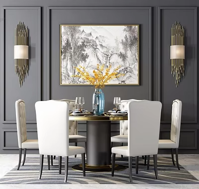 Elegant Modern Dining Table Set With Round Table White Chairs And Yellow Floral Decoration 3d model