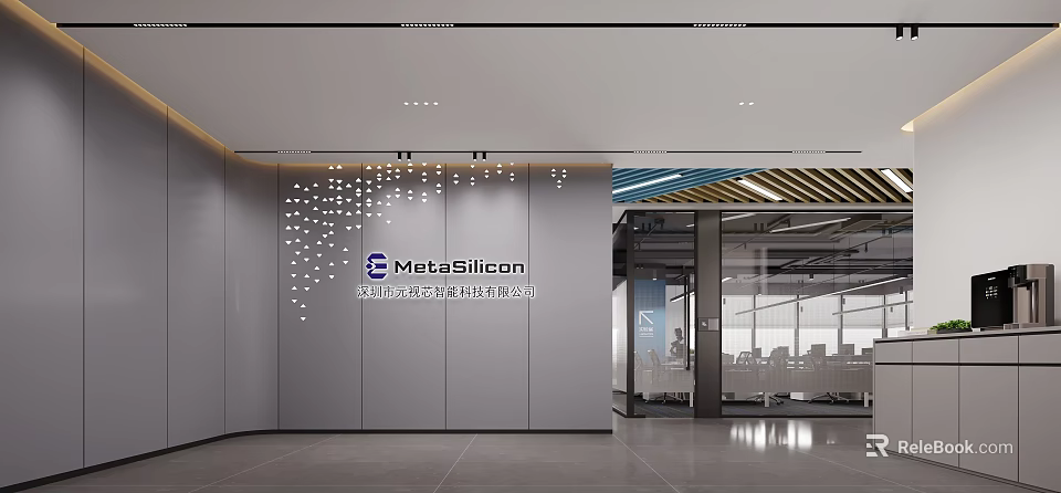 Modern Office Reception Desk Design With Dotted Wall Decor And MetaSilicon Logo 3d model 