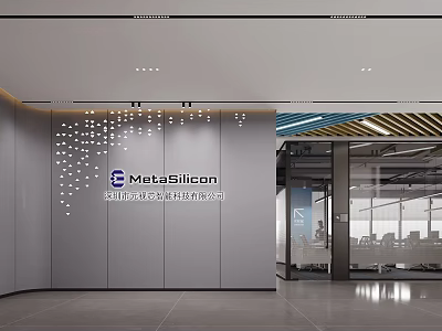 Modern Office Reception Desk Design With Dotted Wall Decor And MetaSilicon Logo 3d model