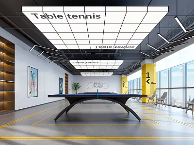 Indoor Table Tennis Court With Spacious Area Yellow Pillars Numbered 1 2 And Ceiling Sign 3d model