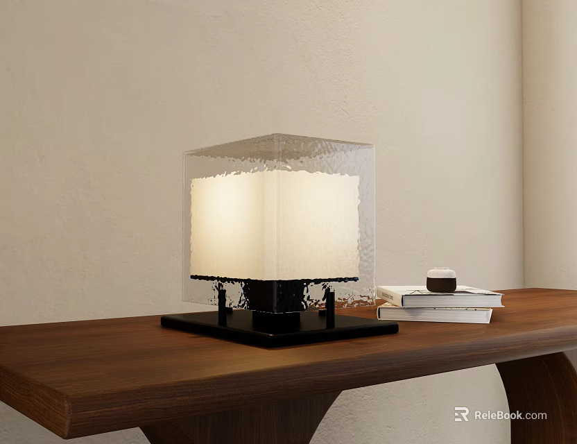 Modern Transparent Table Lamp With Black Base On Wooden Desk And Stack Of Books 3d model 