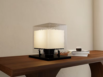 Modern Transparent Table Lamp With Black Base On Wooden Desk And Stack Of Books 3d model