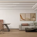 Modern Public Office Space With Wooden Columns Blue Displays Green Plant And Wooden Flooring