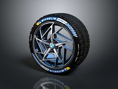 Stylish Michelin Tire With BMW Alloy Wheel And Checkerboard Pattern Design 3d model