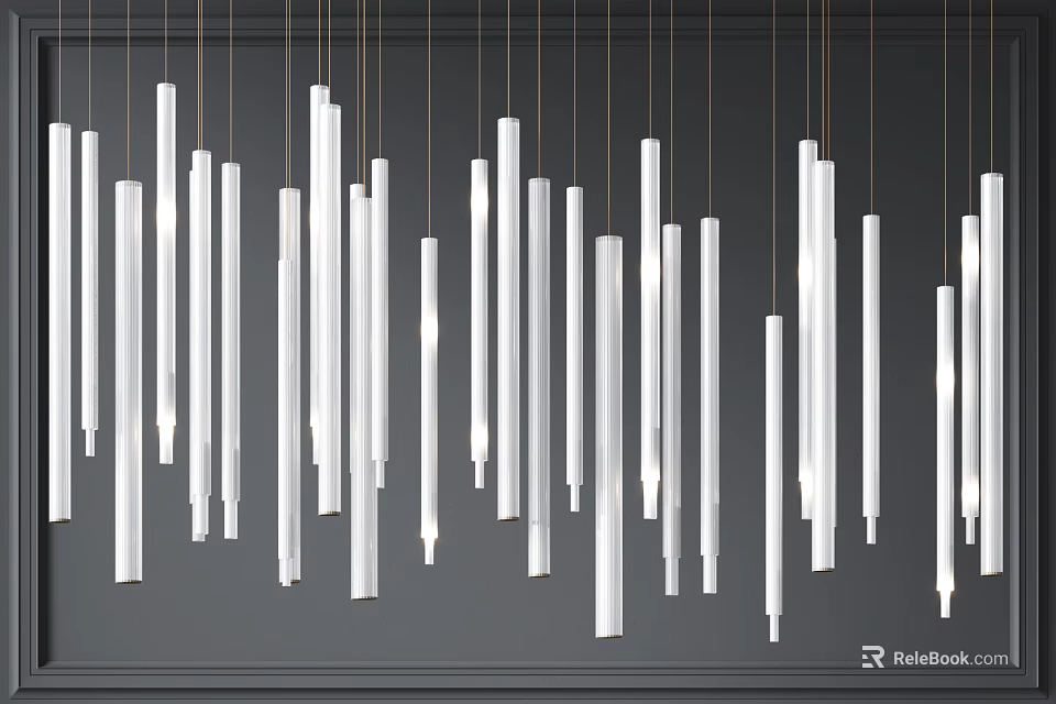 White Cylindrical Chandeliers Hanging from Ceiling Against Dark Background with Illuminated Glow 3d model 