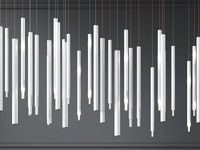 White Cylindrical Chandeliers Hanging from Ceiling Against Dark Background with Illuminated Glow 3d model