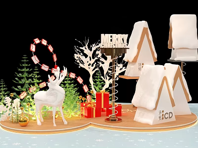 Festive Christmas Decorative Scene With White Reindeer Gingerbread Houses Trees And Gifts 3d model