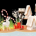 Festive Christmas Decorative Scene With White Reindeer Gingerbread Houses Trees And Gifts