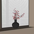 Elegant Gray Vase With Red Flowering Branches On Windowsill By White Blinds 3d model