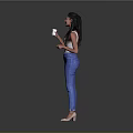 Woman Wearing White Tank Top Blue Jeans High Heels Holding White Cup Against Gray Background