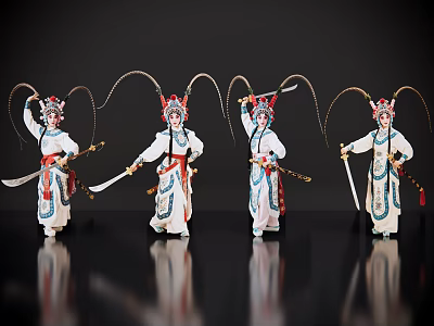 Women in Traditional Chinese Opera Costumes With Headdresses Holding Swords Performing 3d model