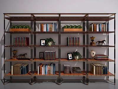 Modern Bookcase With Multiple Shelves Books Green Plants And Decorative Items 3d model