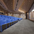 Modern Conference Room Interior Design With Rows of Blue Seats And Large Screen