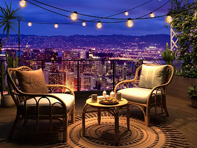 Outdoor Rattan Lounge Chairs With Side Table And String Lights Overlooking City Night View 3d model