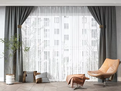 Modern Living Room Interior With Dark Gray Curtains White Sheer Layers Potted Plant And Armchair 3d model