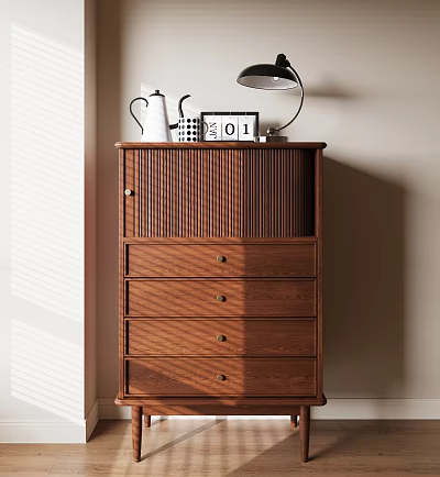 Wooden Entryway Side Cabinet With Drawers Table Lamp White Kettle And Calendar 3d model