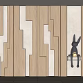 Light Wooden Wall Featuring Irregular Geometric Pattern Black Rabbit Decoration On Shelf And Round Lamp
