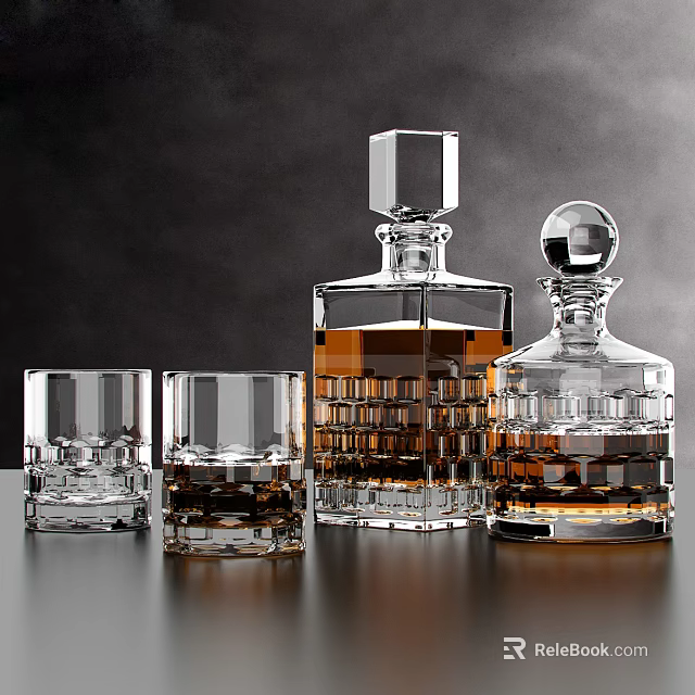 Elegant Glass Decanters And Whiskey Glasses With Amber Liquid And Ice Cubes On Dark Table 3d model 