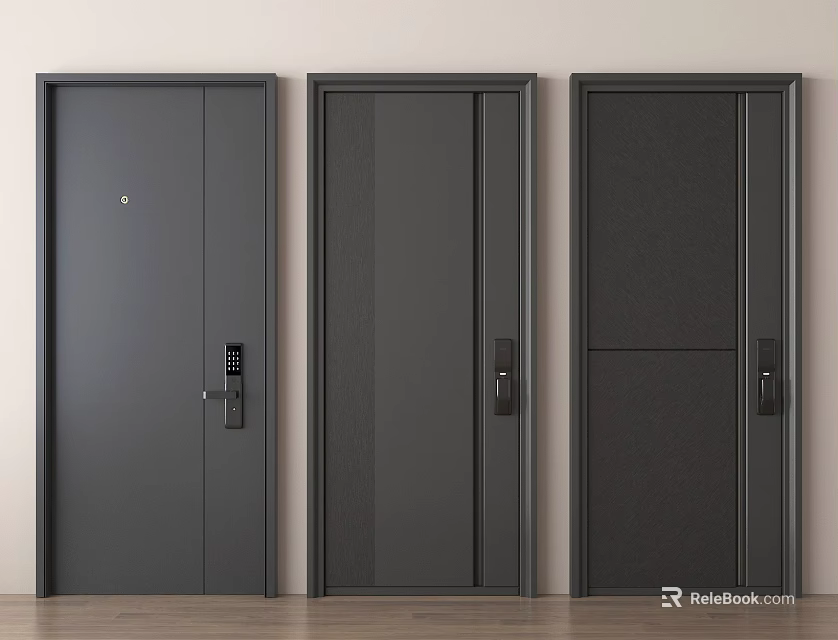 Modern Dark Security Doors With Three Panel Styles And Metal Finish Locks 3d model 