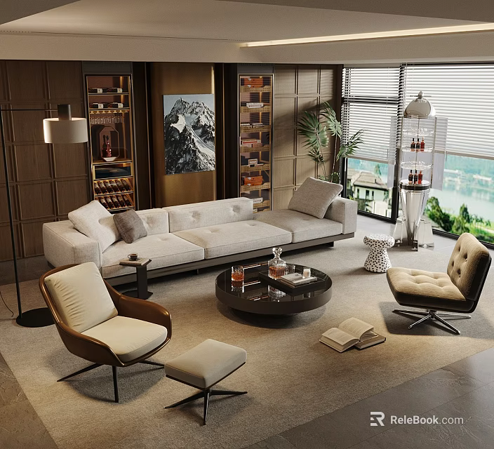 Modern Light Luxury Fabric Sofa And Round Coffee Table Combination For Elegant Cozy Living Room 3d model 