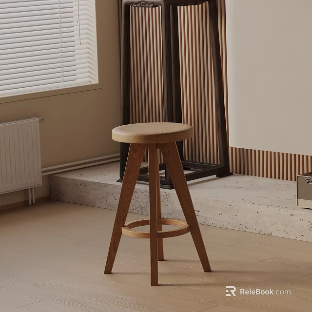 Wooden Bar Stool with Round Seat Three Legged Design in Modern Interior with Window Blinds 3d model 