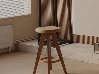 Wooden Bar Stool with Round Seat Three Legged Design in Modern Interior with Window Blinds 3d model