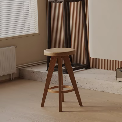 Wooden Bar Stool with Round Seat Three Legged Design in Modern Interior with Window Blinds 3d model