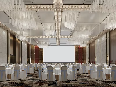 Banquet Hall Interior With Crystal Chandeliers Large Screen And Arranged Tables Chairs 3d model