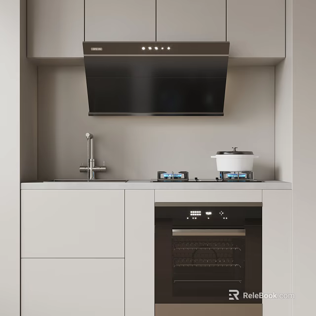 Modern Minimalist Kitchen Interior With Range Hood Gas Stove Oven And Appliances 3d model 