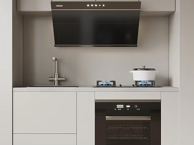 Modern Minimalist Kitchen Interior With Range Hood Gas Stove Oven And Appliances 3d model