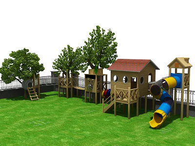 Outdoor Wooden Playground Equipment With Playhouse Colorful Slide And Green Lawn Trees 3d model