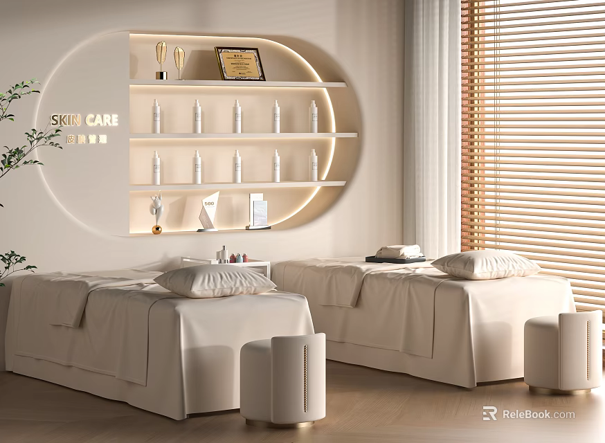SPA Sauna Interior With Treatment Beds White Linens Curved Shelf And Skincare Products 3d model 