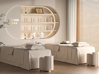 SPA Sauna Interior With Treatment Beds White Linens Curved Shelf And Skincare Products 3d model