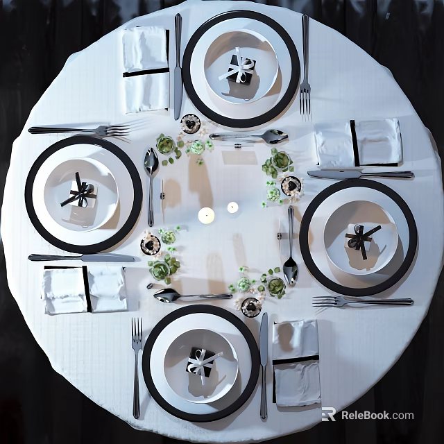 Elegant Tableware Set With Plates Napkins And Decorative Flowers On White Dining Table 3d model