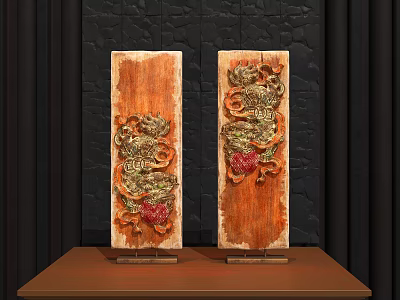 Wooden Dragon Carving Ornament Decor Set Two Pieces on Wooden Table with Black Stone Wall 3d model