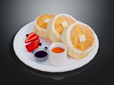 Fluffy Pancakes Topped with Butter Fresh Strawberries Blueberries and Syrup on White Plate 3d model