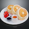 Fluffy Pancakes Topped with Butter Fresh Strawberries Blueberries and Syrup on White Plate