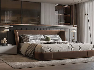 Modern Double Bed Bedroom Interior With Upholstered Headboard Nightstand And Floor Lamp 3d model