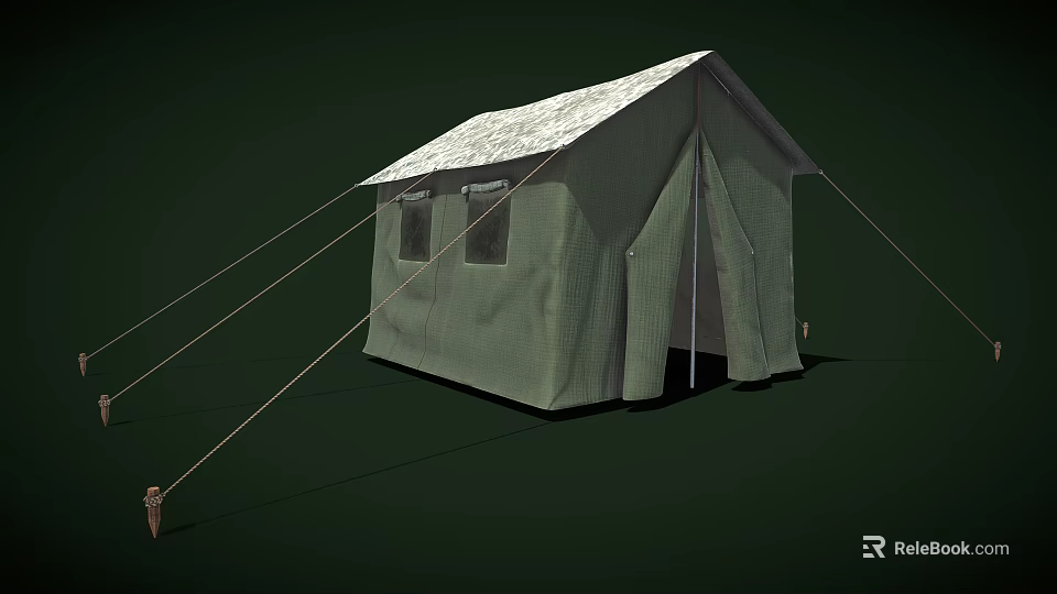 Outdoor Camping Furniture Featuring Green Tent With White Roof And Windows 3d model 