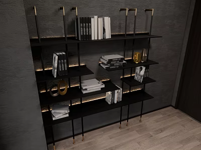 Modern Black Metal Bookcase With Gold Accents And Layered Shelves For Books And Decorations 3d model