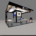 Specialty Store Booth With Modern Display Counters Products And Brand Logos