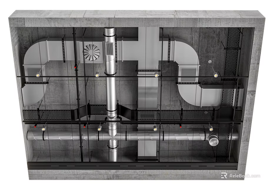 Gray Ceiling Architectural Structure With Metal Pipes And Framework Details 3d model 