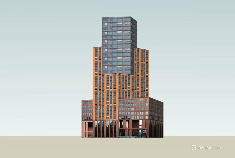 Modern Multi Storey Office Building With Glass Facade And Orange Structural Design 3d model
