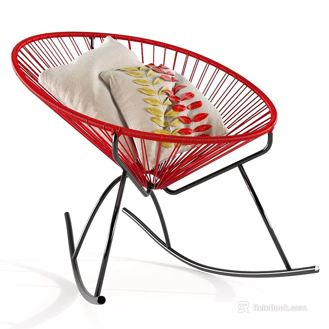 Red Rattan Leisure Rocking Chair with Black Frame Beige Cushions and Leaf Patterns 3d model 