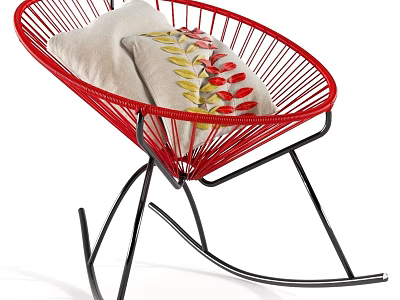 Red Rattan Leisure Rocking Chair with Black Frame Beige Cushions and Leaf Patterns 3d model